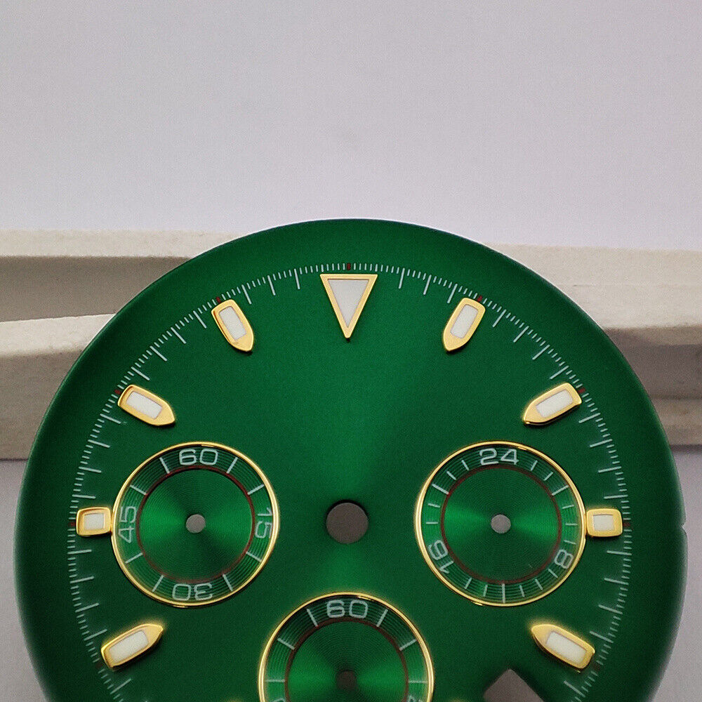 Green luminous matted watch dial with VK63 quartz movement compatibility, perfect for precise timekeeping.