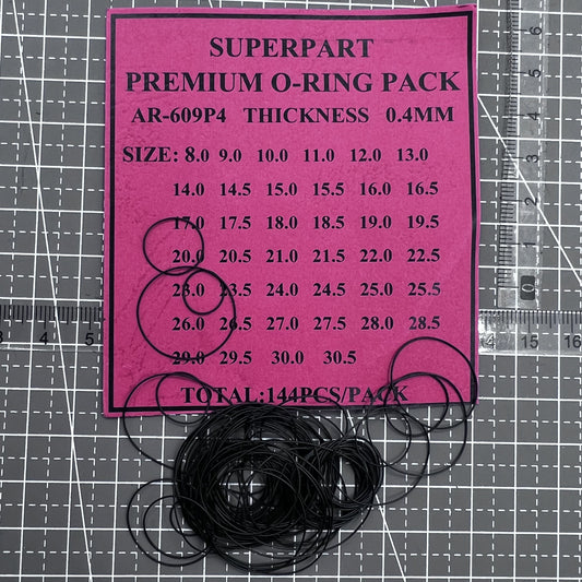 Assorted 144pcs 0.4mm thick waterproof O-ring kit with 40 sizes for watch back gasket seals.