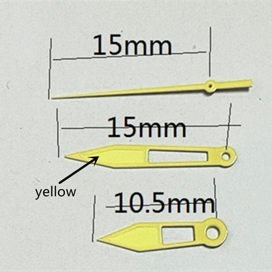15mm yellow trim hollow arrow watch hands designed for Miyota 2315, 2035, 2036, 2115, 2305 movements.