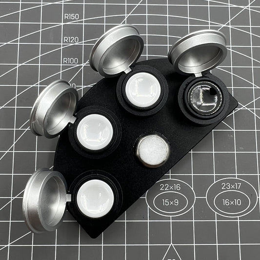 Die-cast alloy oil cup stand with 4 containers and black ceramic holders for watch maintenance.