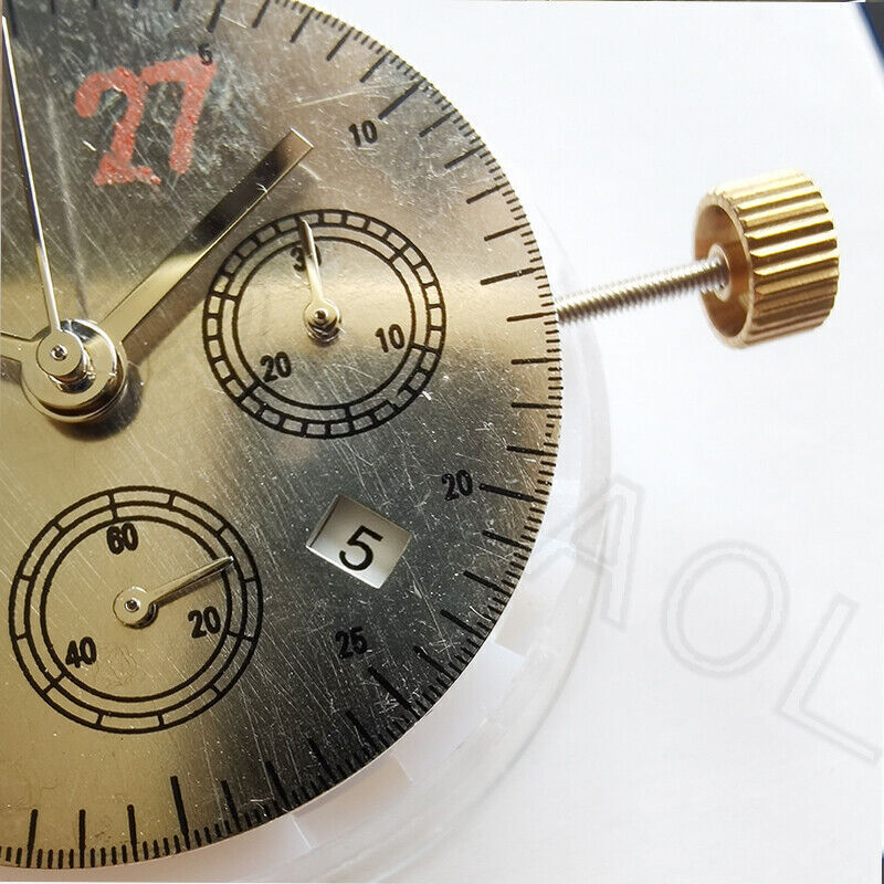 Close-up of Asian 7750 automatic chronograph movement featuring ETA 7753 small second at 6 o'clock for precise watch repairs.