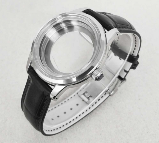 39mm stainless steel watch case with butterfly buckle leather band, compatible with NH35/36 movements,.