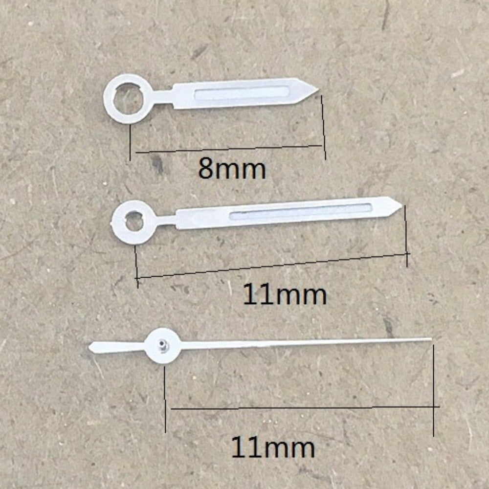 Aiguilles de montre luminescentes vertes en forme de flèche, garniture argentée de 11 mm, pour mouvement Miyota 1M12