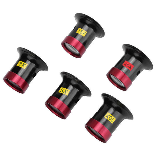 Set of 5 aluminum alloy magnifiers 3x to 20x for detailed watch accessory inspection.