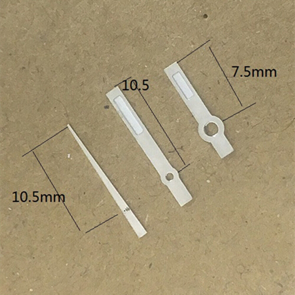 Green lume square tip watch hands, 10.5mm, compatible with Hattori Epson PC32 quartz movement for precise timekeeping.