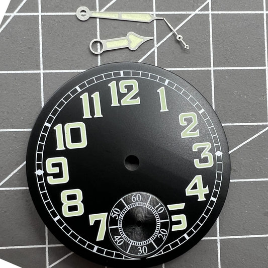 35mm black pilot watch dial with green luminous hands for ETA6498 men's watch.