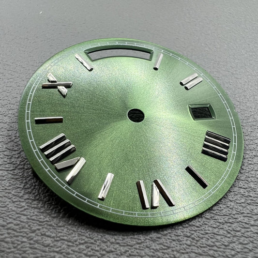 Silver 28.5mm nail-style watch dial in army green, no lume, compatible with Seagull ST1644 movement.