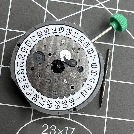 Miyota FS61 chronograph quartz watch movement with date at 4, 3-eyes design for precision timekeeping.