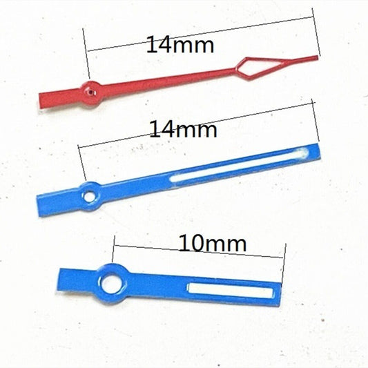14mm watch hand set with blue and red trim, green lume for Ronda 515 quartz.