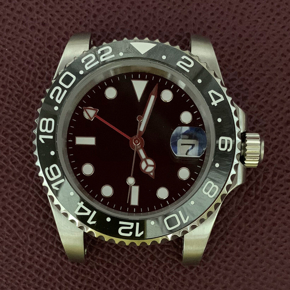 Boîtier de montre GMT 40 mm en acier inoxydable 3804 316L, verre saphir, aiguilles lumineuses