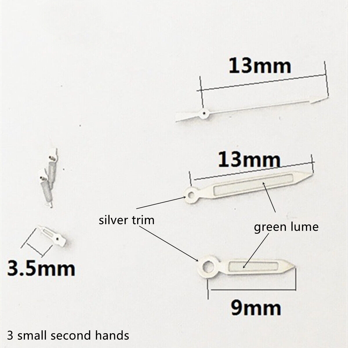 Silver-trimmed green lume watch hands for Epson VD53 VD54 VD57 movements, precise and luminous.