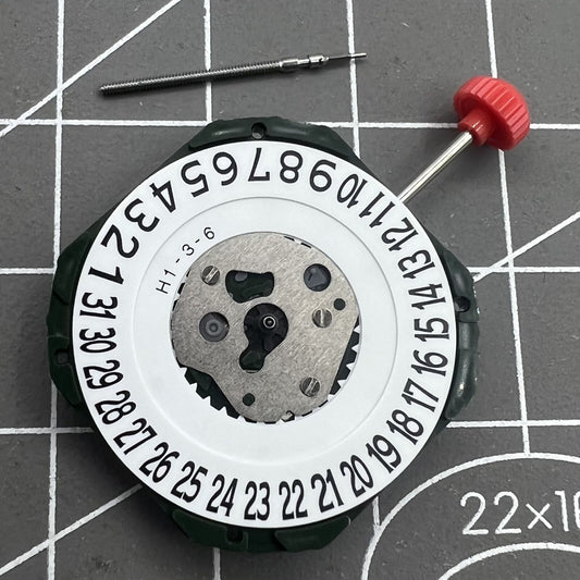Miyota 2315 quartz watch movement with date display at 6 o'clock, precise timekeeping mechanism.