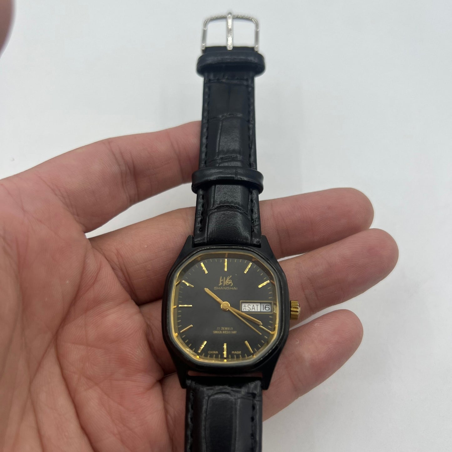 Shanghai Factory 33mm manual mechanical watch with black dial, double calendar, classic daily wear design.