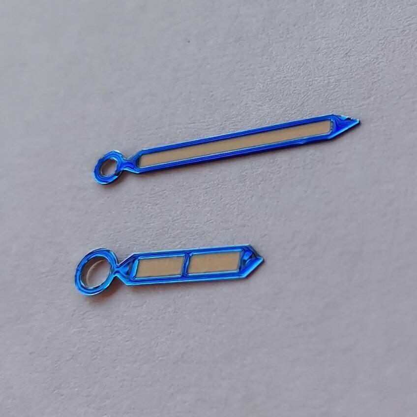 Blue trimmed watch hands with bright green lume for Seagull ST3600/ST3621 and ETA 6497/6498 movements.