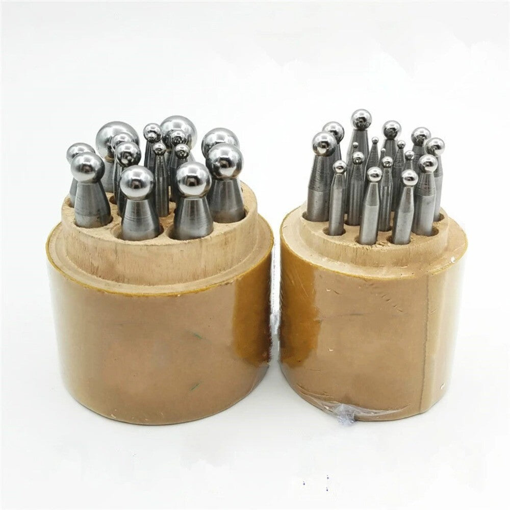 Shaping dapping punch set for jewelers with wooden stand, precision metal shaping hand tools.