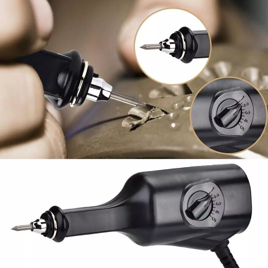 Electric jewelry engraver carving pen for precise lettering and designs on jewelry pieces.