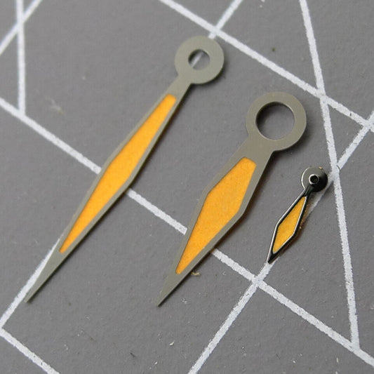 Orange lume pilot watch hands designed for Seagull ST3600/ST3621, ETA6497/6498 movements, enhancing readability.