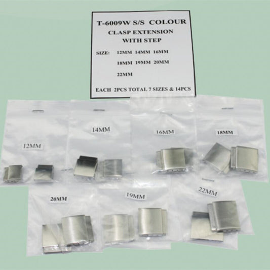 Seven sizes stainless steel clasp extension set, solid 316 metal for watch buckles, durable and adjustable.