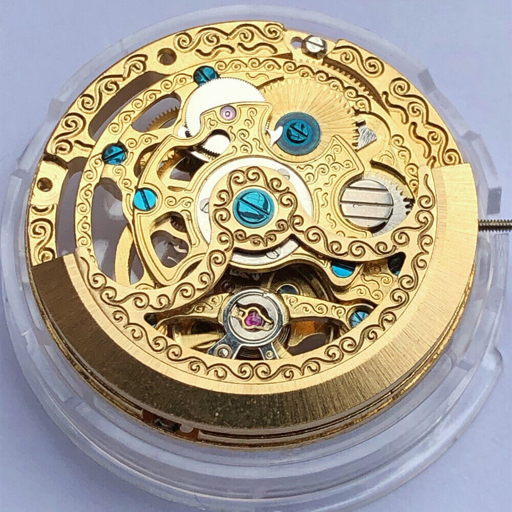 Shanghai Golden automatic mechanical watch with hollow carved dial, three hands, combining precision and elegant style.
