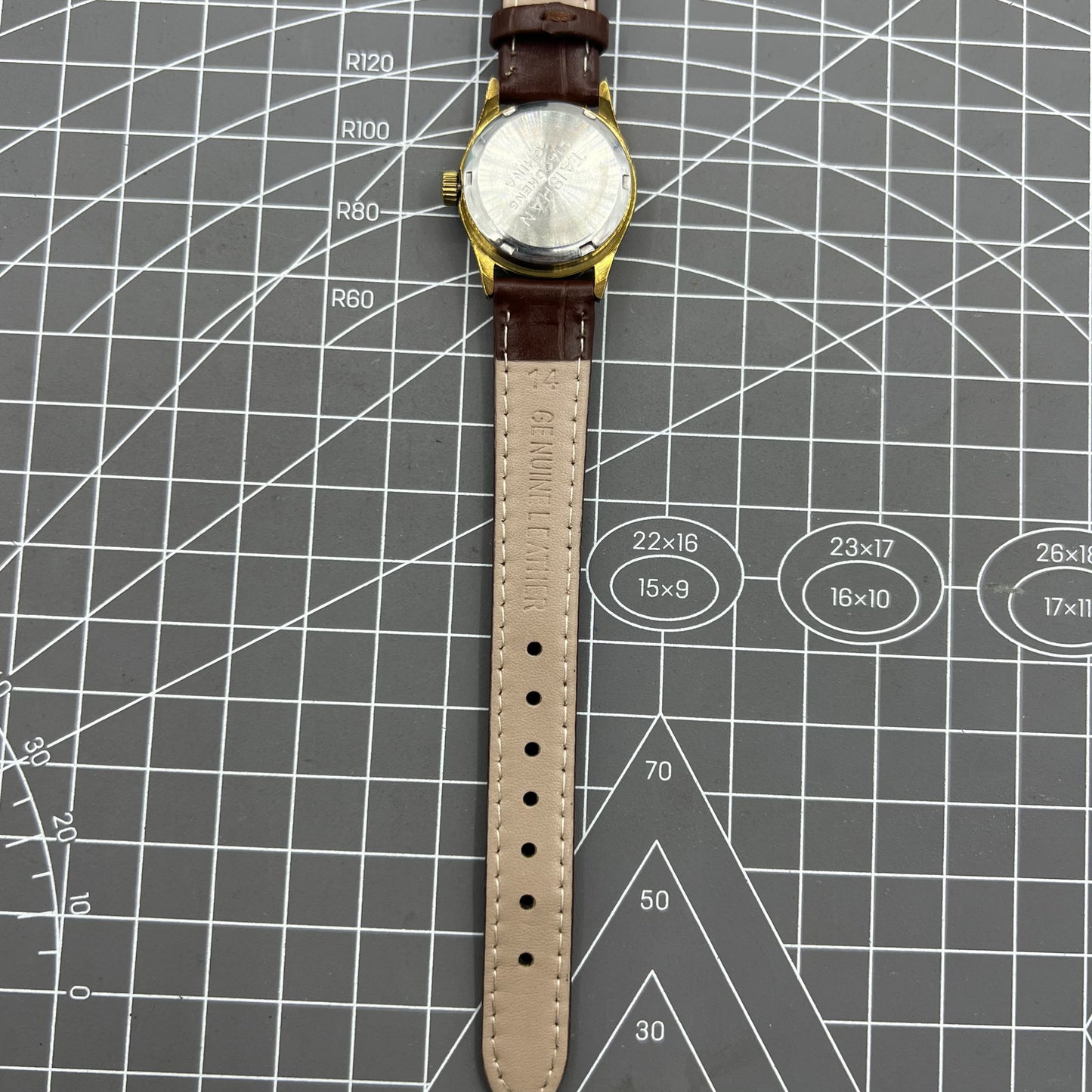Elegant 26mm Liaocheng TAISHAN lady watch with brown leather strap, 19 jewels, and gold nail markers.