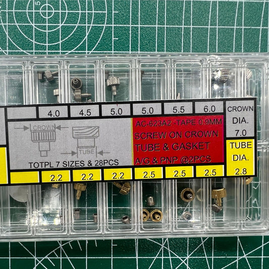 Stainless steel watch crown, silver and gold, includes screw-on tube and gasket for secure fit