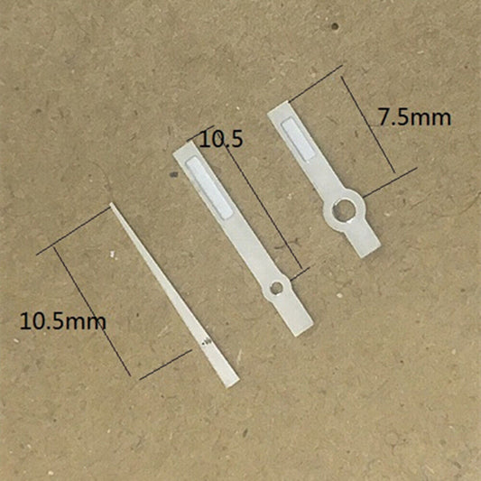 Green lume square tip watch hands, 10.5mm, for Hattori Epson PC32 quartz movement, precision fit