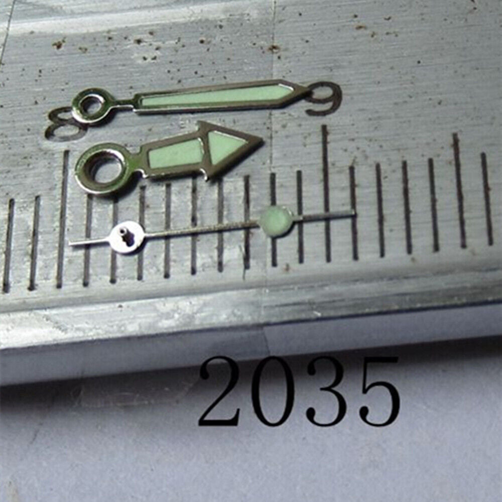 Silver trim green lume arrow-shaped watch hand for Miyota 2035 2115 2105 2305 movements, precise accessory.