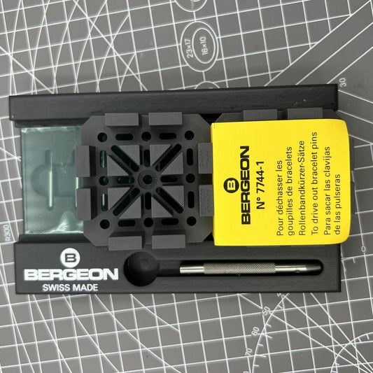 Swiss Made Bergeon 7744 watch pin remover tool for precise bracelet adjustment and repair.