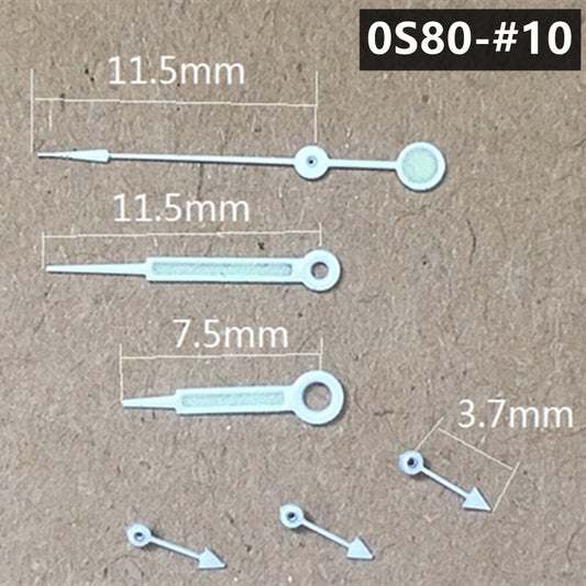 Silver trimmed green luminous watch hands, 11.5mm pointed style for Miyota 0S80 movement.