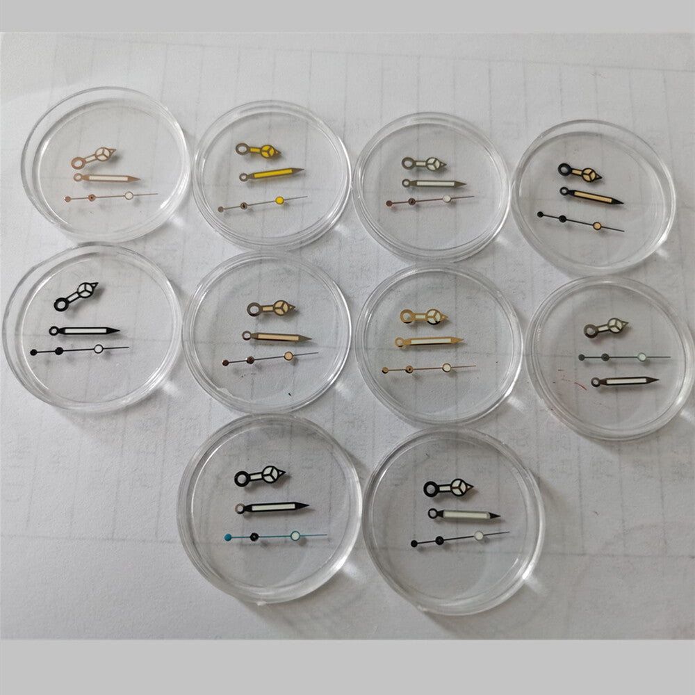 Green luminous watch hands set, sized 12.5x12x7mm, compatible with NH35A, NH36A, 7S26, 4R36 movements.