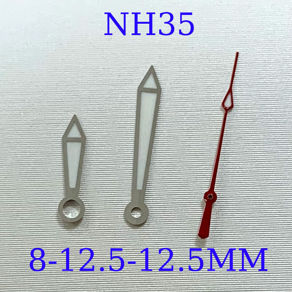 Green luminous watch hands set in sizes 8/12.5/12.5mm for NH35A/NH36A/4R36 movements by B11 brand.