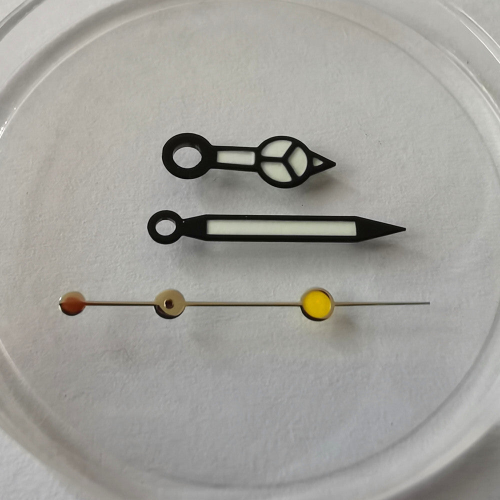 Green luminous watch hands set, size 12.5x12x7mm, fits NH35A, NH36A, 7S26, 4R36 movements.