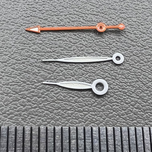 Set of 15mm orange and white painted watch hands for Miyota 2035, 2115