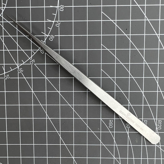 Swiss Made Bergeon 7027-SS tweezer with narrow, fine stainless steel tips for precise watch repair tasks.