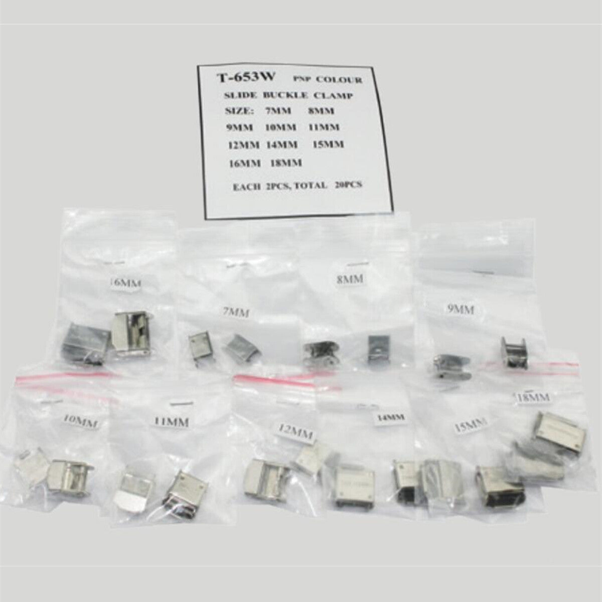 20pcs 10 Sizes 7-18mm Silver Slide Watch Buckles Watch Clamps