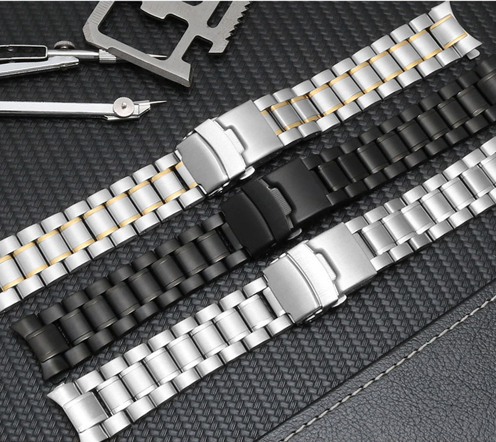 Curved End Watch Band 18-24mm Stainless Steel Watchband Double Lock Buckle