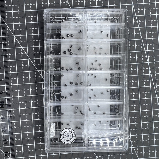 Set of 180 high-end stainless steel mini screws for watch case backs, straight line head.