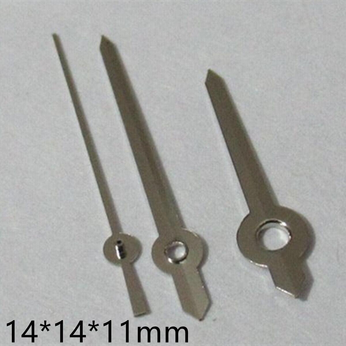 Silver 14mm pointed watch hands set compatible with Miyota 2035, 2115, 2105 movements.