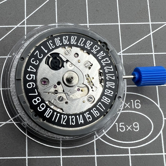 Black NH35 automatic watch movement with date at 6, precise self-winding mechanical by Seiko.