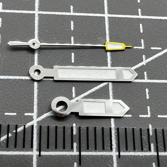 Silver and yellow pointed second hand watch hands for Seiko NH35 NH36, precision replacement parts.