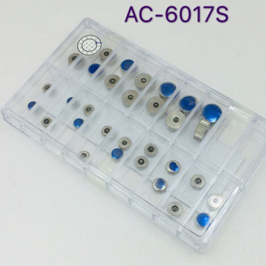 Super big size watch crown assortment in gold and silver plating for professional watchmakers.