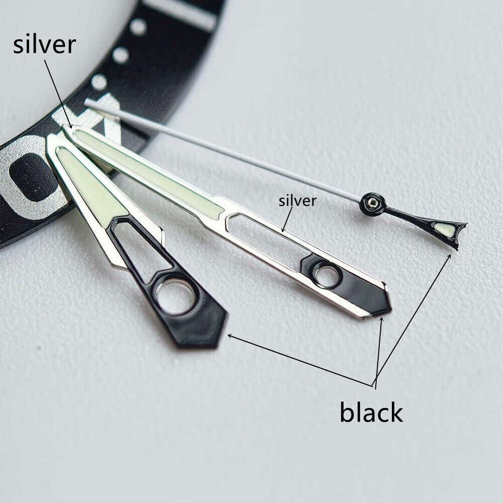 13mm Silver+Black Trim Hollow Green Lume Watch Hands Set for Movement NH35 NH36
