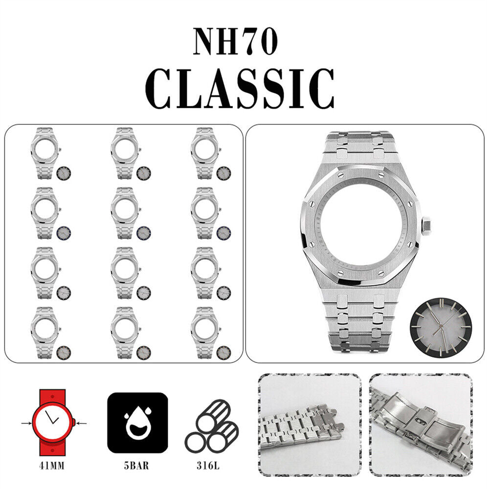 Bracelet de montre en acier inoxydable 41 mm, boîtier miroir en verre saphir pour NH70