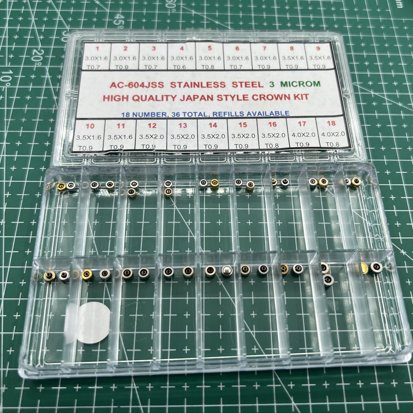 Stainless steel watch crown assortment kit with 36 pieces by Japan Style for precise watch repairs.