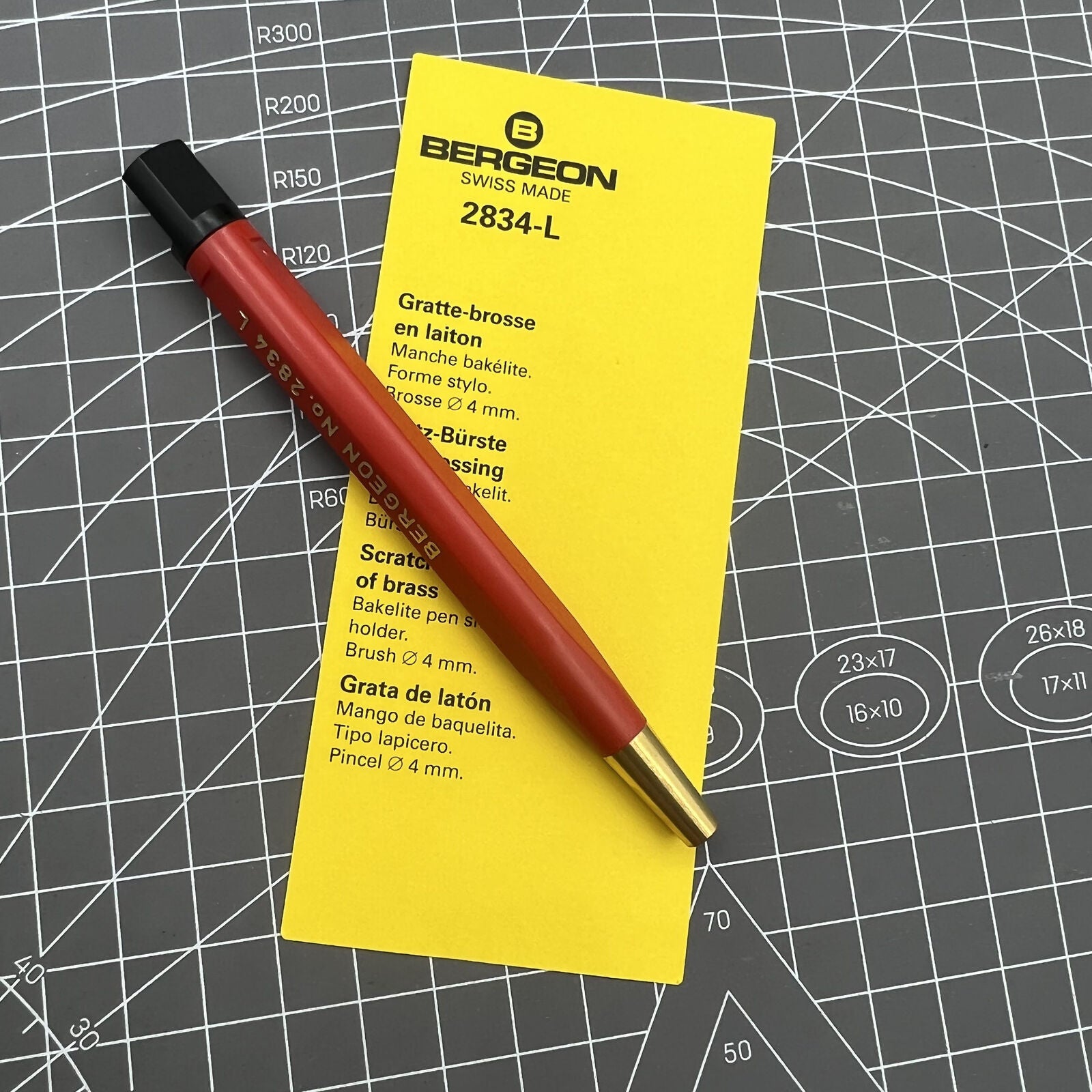 Swiss Bergeon 2834-L brass scratch brush 10mm for precise watch cleaning and fine detailing tools.