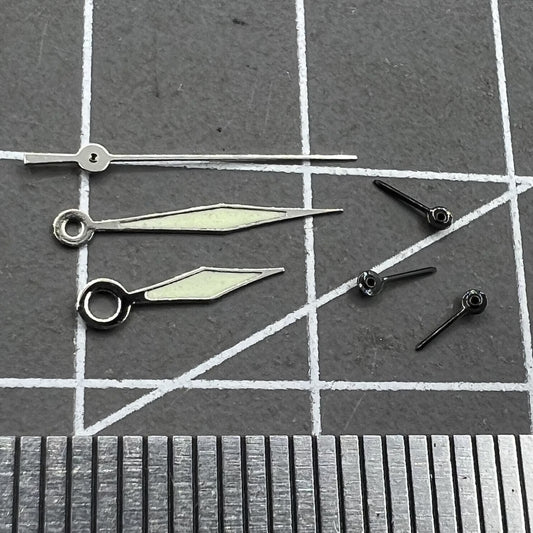 Diamond-shaped green lume watch hands for Miyota OS60 movement, precise timekeeping.