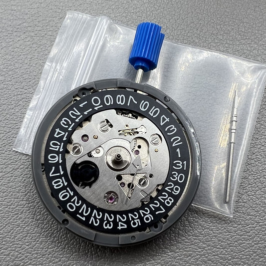 Seiko NH35 watch with black date dial and crown at 3:00, automatic mechanical movement.