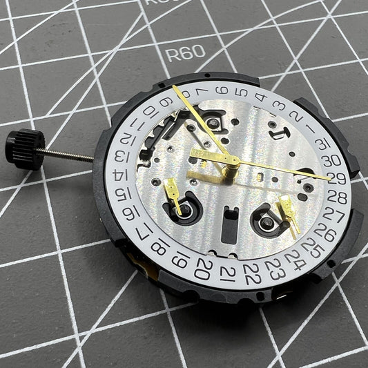 ETA G10.212 quartz watch movement with 3 hands and date display at 4:30, precise timekeeping