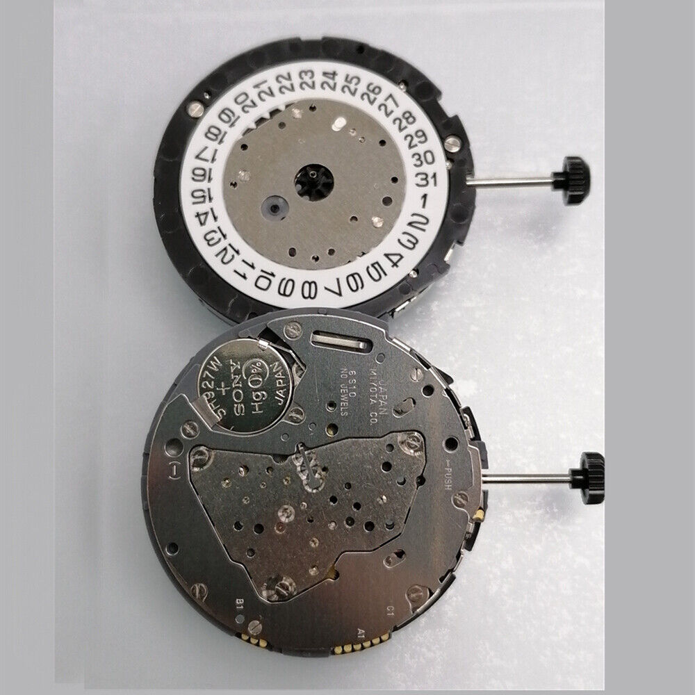 Miyota 6S10 quartz movement with date at 3, small second hands at 6, 9, and 12
