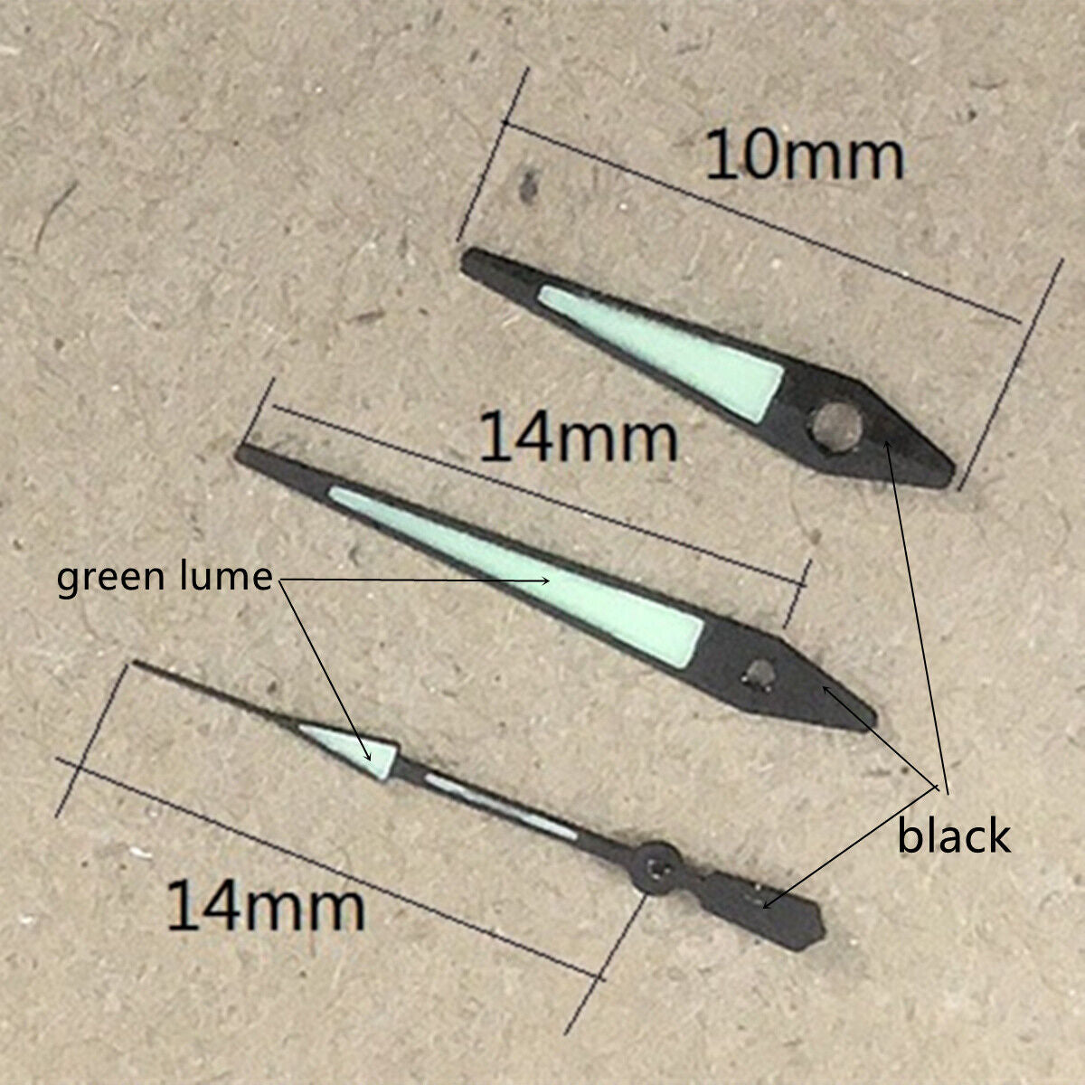 Black 14mm arrow-shaped luminous watch hands with green glow for ISA 2331 movement, brand-quality precision.